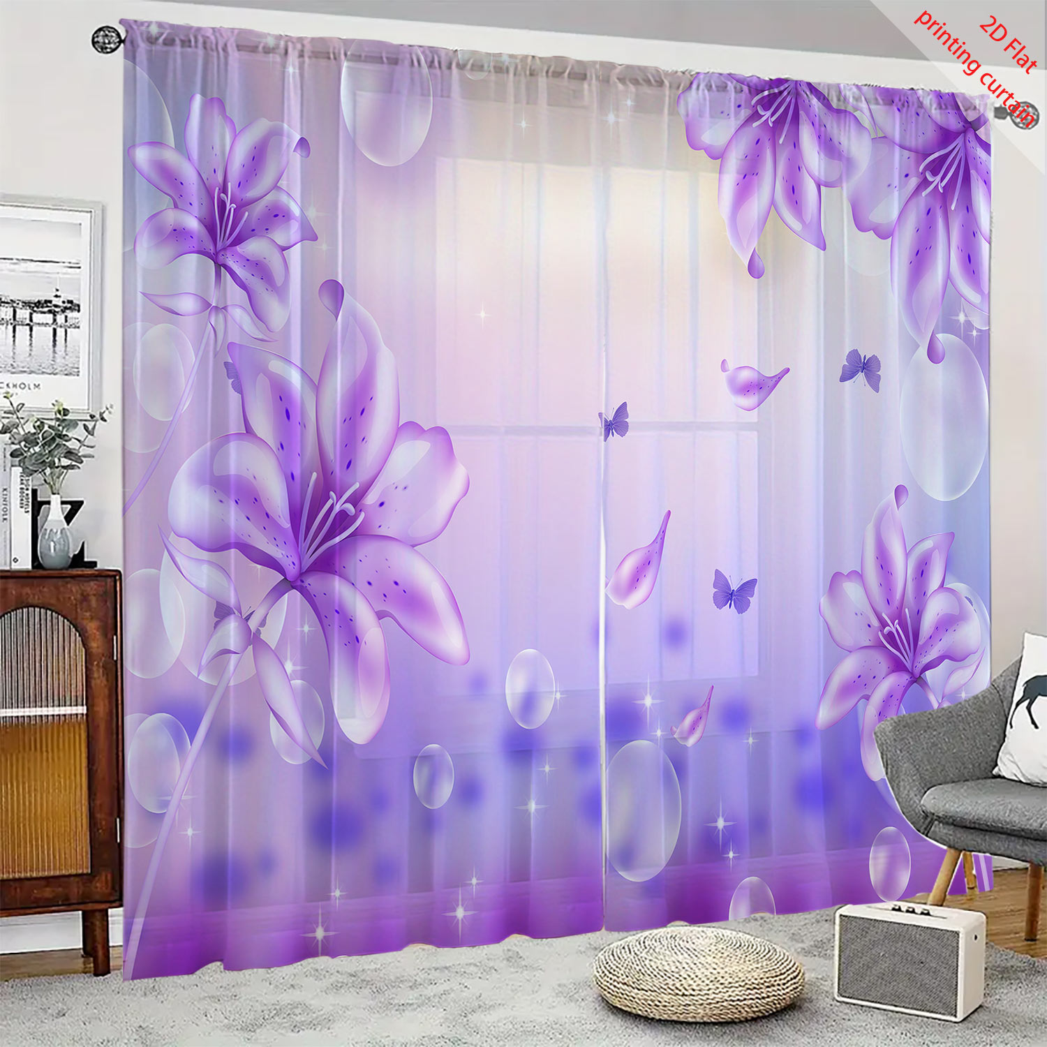 ستارة شفافة مطبوعة بزهور بنفسج - مراجعة Home Office Windows وسعره